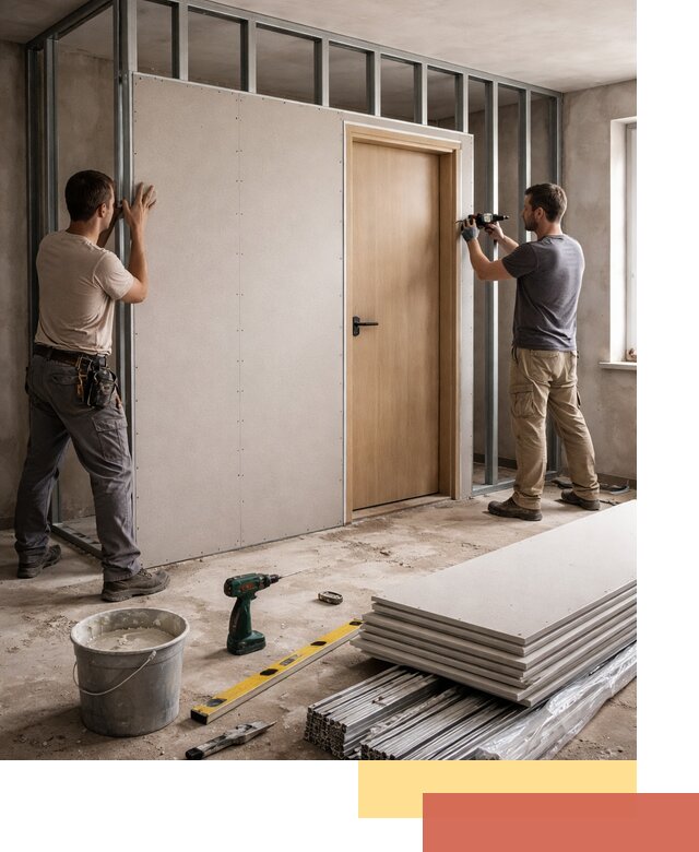 Перегородка из гипсокартона с дверью под ключ в Ишимбае