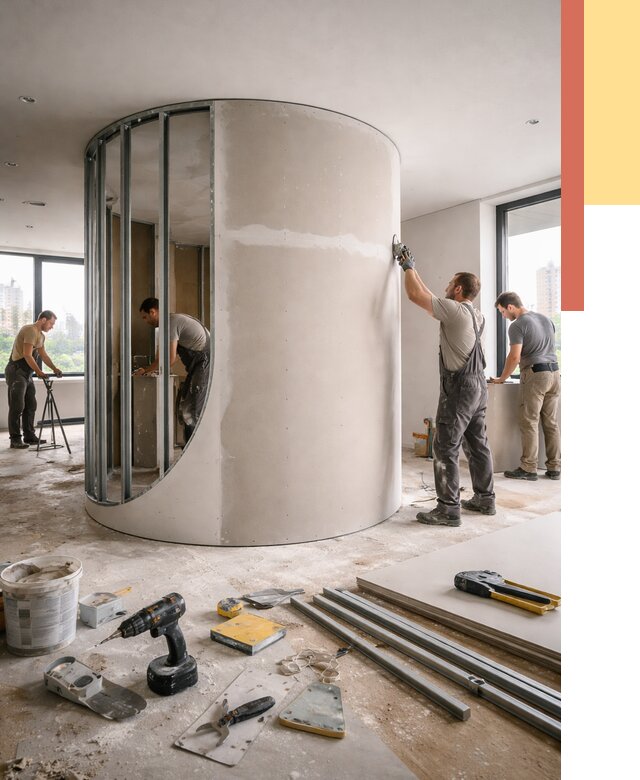 Радиусная перегородка из гипсокартона в Ишимбае от 2941 руб. под ключ | ОТДЕЛОЧНИК-Шмб