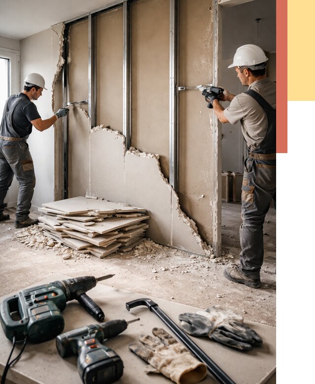 Демонтаж перегородки из гипсокартона в Ишимбае от 1217 руб. быстро и недорого | ОТДЕЛОЧНИК-Шмб