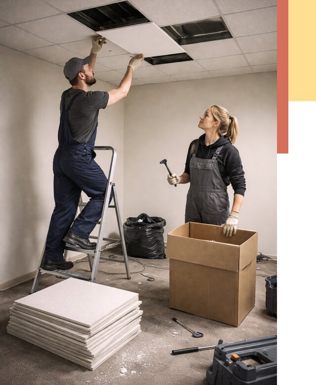 Демонтаж потолочной плитки в Ишимбае от 4563 руб. быстро и недорого | ОТДЕЛОЧНИК-Шмб