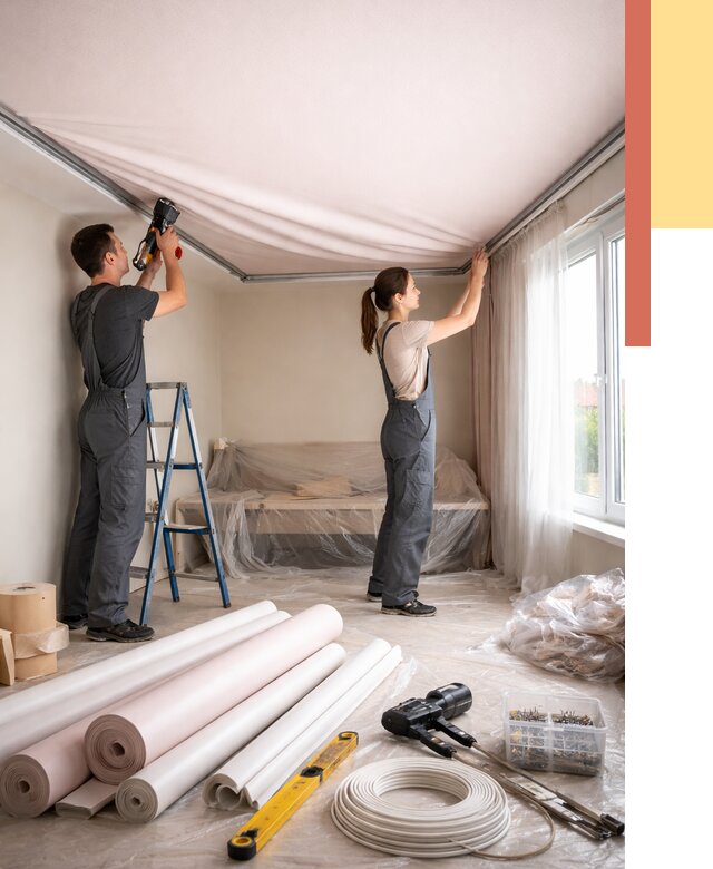 Монтаж цветного натяжного потолка в Ишимбае от 4259 руб/м² — быстро и недорого | ОТДЕЛОЧНИК-Шмб