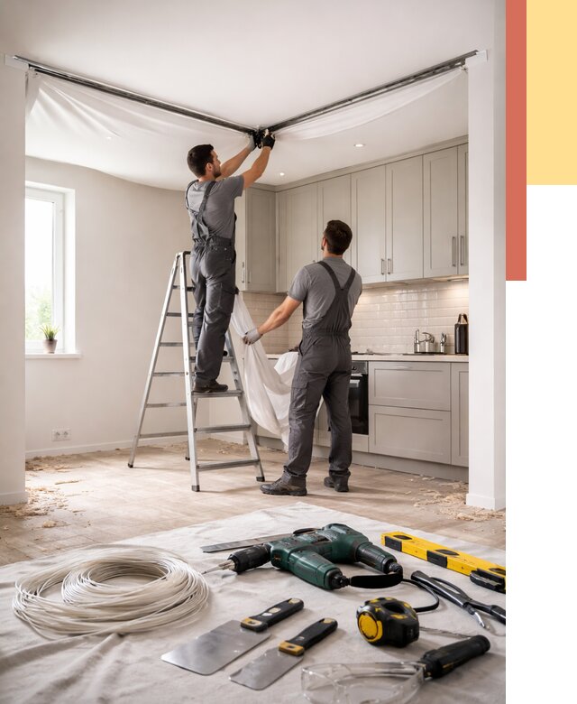 Установка натяжного потолка на кухне в Ишимбае от 2434 руб. | ОТДЕЛОЧНИК-Шмб