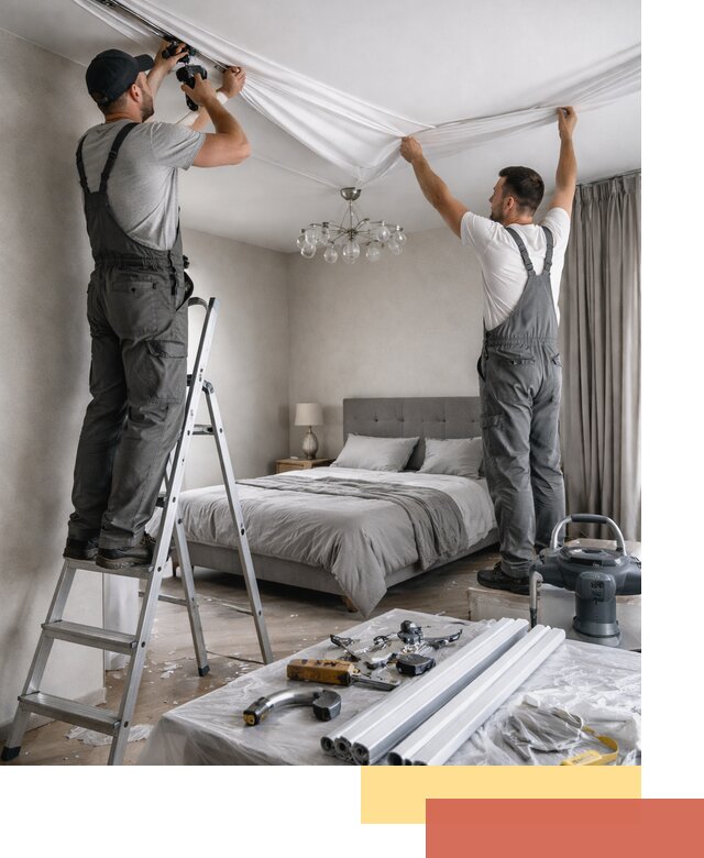 Монтаж натяжного потолка в спальне в Ишимбае