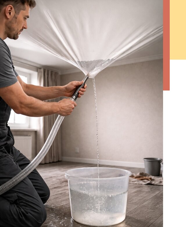 Слив воды с натяжного потолка в Ишимбае от 2535 руб. быстро и недорого | ОТДЕЛОЧНИК-Шмб