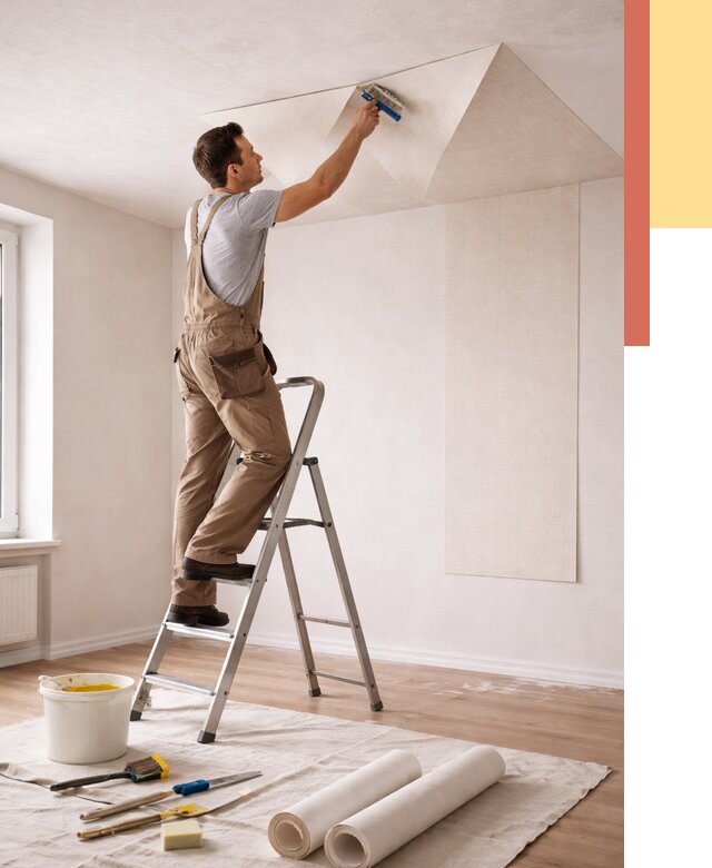 Поклейка обоев на потолок в Ишимбае от 4563 руб. быстро и недорого | ОТДЕЛОЧНИК-Шмб